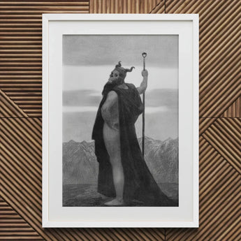 Death - Sascha Schneider Art Print / Canvas Black White Framed Nude Figure Horns Staff, Shapes Mortality, Skull-helmet Glares Prints
