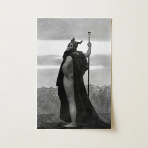 Death - Sascha Schneider Art Print / Canvas Black-and-white Printed Horned Bearded Figure Dark, Shapes Mortality, Skull-helmet Glares Prints
