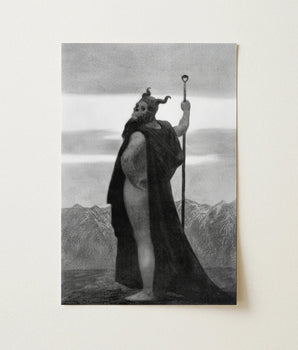 Black-and-white Printed Art Print Horned Bearded Figure Dark Sascha Schneider, Shapes Mortality, Skull-helmet Glares