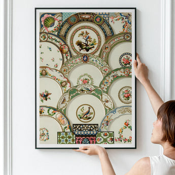 Decorative Plates - Auguste Racinet Illustrated Art Print / Canvas Framed Vintage China Plate Patterns Birds Racinet’s, Illustration, Prints