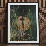 In Deep - Gay Asian Lovers Art Print / Canvas Black Framed Artwork Two Shirtless Figures Tall Grass, Small Harbor Prints
