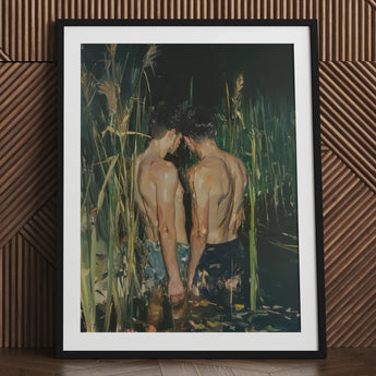 In Deep - Gay Asian Lovers Art Print / Canvas Black Framed Artwork Two Shirtless Figures Tall Grass, Small Harbor Prints