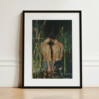 In Deep - Gay Asian Lovers Art Print / Canvas Black-framed Two Shirtless Men Close Tall, Small Harbor Prints