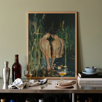 In Deep - Gay Asian Lovers Art Print / Canvas Framed Painting Two Shirtless Men Tall Green Reeds, Small Harbor Prints