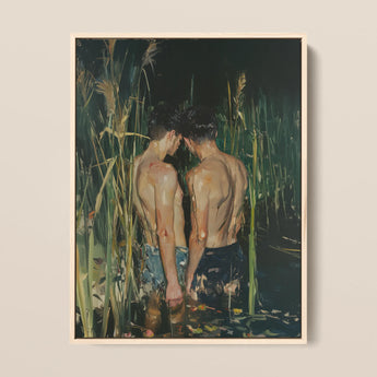 In Deep - Gay Asian Lovers Art Print / Canvas Framed Painting Two Shirtless Men Tall Green Reeds Gay Asian Lovers, Art Print, Small Harbor
