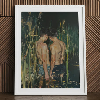 In Deep - Gay Asian Lovers Art Print / Canvas White Framed Painting Two Men Water, Small Harbor Prints