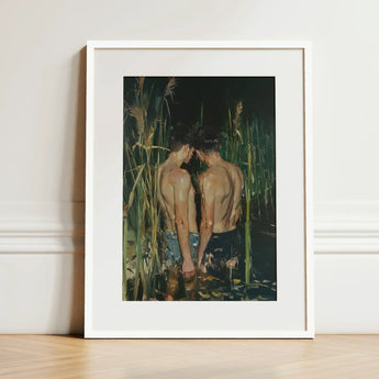 In Deep - Gay Asian Lovers Art Print / Canvas White-framed Two Shirtless Men Close Tall, Small Harbor Prints