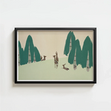 Framed Artwork Stylized Deer Trees Muted Green Beige Kamisaka Sekka Woodland, Forest, Teal-green Pine