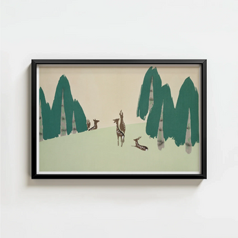 Framed Artwork Stylized Deer Trees Muted Green Beige Kamisaka Sekka Woodland, Forest, Teal-green Pine