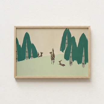 Minimalist Framed Artwork Stylized Deer Trees Muted Green Kamisaka Sekka Woodland, Forest, Teal-green Pine