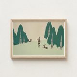 Minimalist Framed Art Print Stylized Deer Trees Muted Kamisaka Sekka Woodland, Forest, Teal-green Pine
