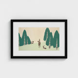 Deer - Kamisaka Sekka Woodland Forest Art Print / Canvas Black-framed Artwork Minimalist Illustration Teal Trees, Teal-green Pine Prints