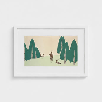 Deer - Kamisaka Sekka Woodland Forest Art Print / Canvas White-framed Artwork Stylized Green Trees Brown Pale, Teal-green Pine Prints