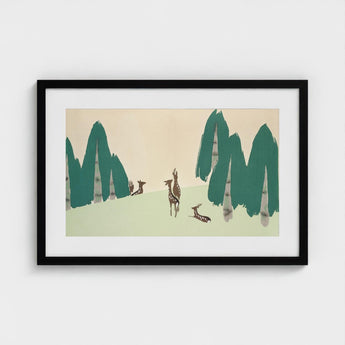 Deer - Kamisaka Sekka Woodland Forest Art Print / Canvas Black-framed Artwork Stylized Trees Muted Green Beige, Teal-green Pine Prints