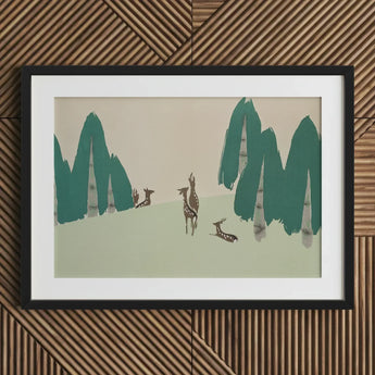 Deer - Kamisaka Sekka Woodland Forest Art Print / Canvas Black Framed Artwork Green Beige Background Minimalist, Teal-green Pine Prints