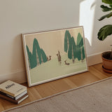 Deer - Kamisaka Sekka Woodland Forest Art Print / Canvas Minimalist Framed Stylized Green Trees, Teal-green Pine Prints