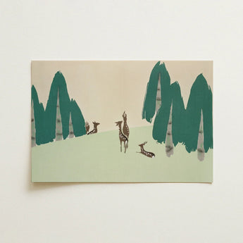 Deer - Kamisaka Sekka Woodland Forest Art Print / Canvas Minimalist Rectangular Stylized Brown White, Teal-green Pine Prints