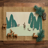 Deer - Kamisaka Sekka Woodland Forest Art Print / Canvas Rustic Wooden Figurine Set Spotted Patterns Natural, Teal-green Pine Prints