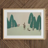 Deer - Kamisaka Sekka Woodland Forest Art Print / Canvas Wooden-framed Artwork Green Trees, Teal-green Pine Prints