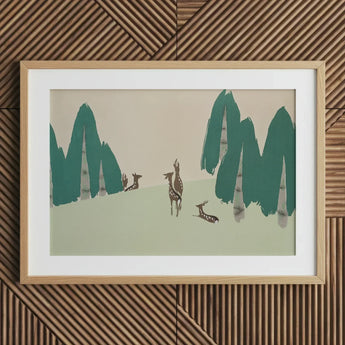 Deer - Kamisaka Sekka Woodland Forest Art Print / Canvas Wooden-framed Artwork Green Trees, Teal-green Pine Prints