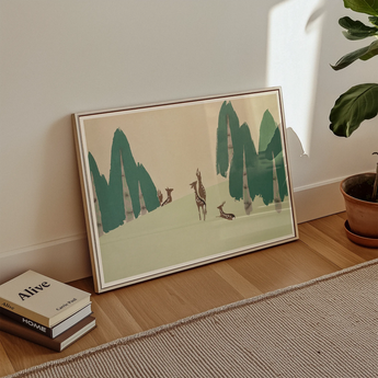 Deer - Kamisaka Sekka Woodland Forest Art Print / Canvas, Kamisaka Sekka Woodland, Sekka Woodland Forest, Teal-green Pine