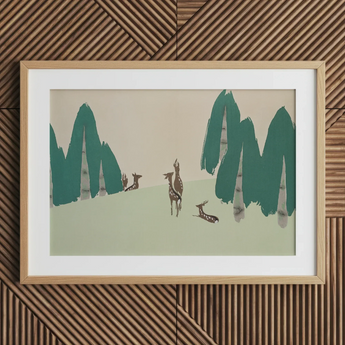 Deer - Kamisaka Sekka Woodland Forest Art Print / Canvas, Kamisaka Sekka Woodland, Sekka Woodland Forest, Teal-green Pine
