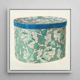 Delicate Blue Box - Decorative 1930s Art Print / Canvas Vintage-style Cylindrical Hatbox Teal White Floral Pattern Accented Decor, Bygone