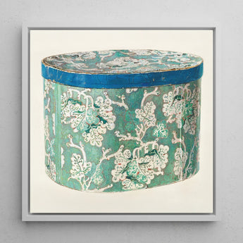 Delicate Blue Box - Decorative 1930s Art Print / Canvas Vintage-style Cylindrical Hatbox Teal White Floral Pattern Accented Decor, Bygone