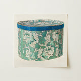 Delicate Blue Box - Decorative 1930s Art Print / Canvas Vintage-style Cylindrical Hatbox Teal White Floral Pattern Accented Decor, Bygone