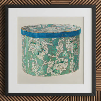 Delicate Blue Box - Decorative 1930s Art Print / Canvas Vintage-style Teal White Floral-patterned Cylindrical Bright Decor, Bygone Elegance