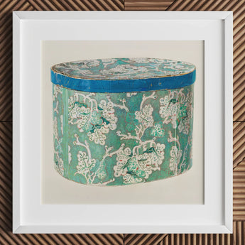 Delicate Blue Box - Decorative 1930s Art Print / Canvas Vintage-style Teal White Floral-patterned Cylindrical Hatbox Lid Decor, Bygone