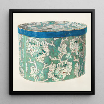 Delicate Blue Box - Decorative 1930s Art Print / Canvas Vintage Teal White Floral-patterned Cylindrical Hatbox Rim Decor, Bygone Elegance