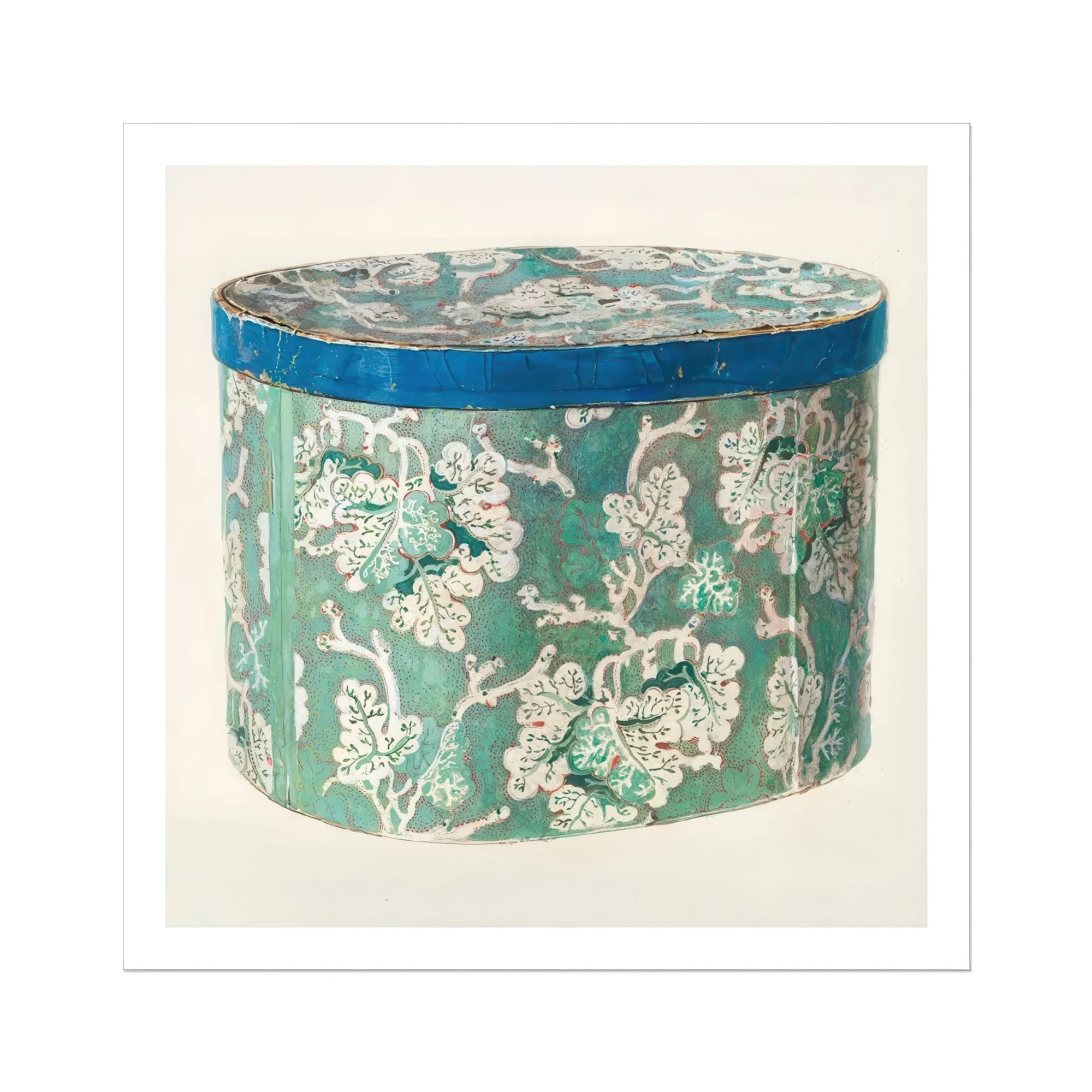 Delicate Blue Box - Decorative 1930s Art Print, Vintage Floral-patterned Cylindrical Storage Tin Blue Rim