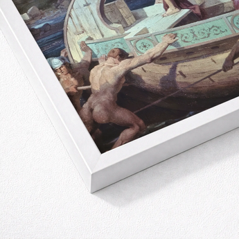 Departure from the Land of Cyclops - Friedrich Preller Elder Art Print / Canvas White-framed Artwork Classical Painting Muscular Men Boat