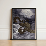 Black-framed Artwork Dark Serpentine Sea Monster Turbulent Waters Heavens Ignite, Jaws Unhinged, Divine Silhouette Bearing