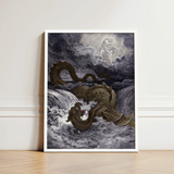 Framed Black-and-white Illustration Sea Serpent Waves Figure Clouds Heavens Ignite, Jaws Unhinged, Divine Silhouette Bearing