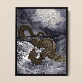 Destruction of Leviathan - Gustave Dore Art Print / Canvas Black-framed Artwork Dark Textured Illustration Serpentine Sea Monster Heavens