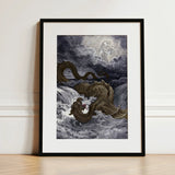 Destruction of Leviathan - Gustave Dore Art Print / Canvas Black-framed Artwork Dark Textured Sea Serpent Turbulent Waters Heavens Ignite,