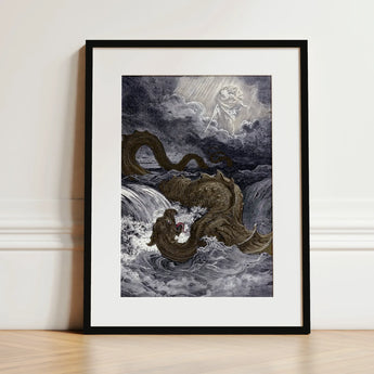 Destruction of Leviathan - Gustave Dore Art Print / Canvas Black-framed Artwork Dark Textured Sea Serpent Turbulent Waters Heavens Ignite,