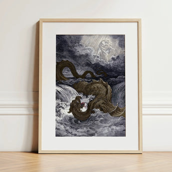 Destruction of Leviathan - Gustave Dore Art Print / Canvas Framed Artwork Dark Serpentine Sea Monster Turbulent Waves Heavens Ignite, Jaws
