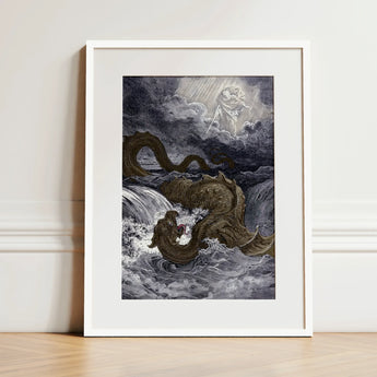 Destruction of Leviathan - Gustave Dore Art Print / Canvas Framed Artwork Dark Serpentine Sea Monster Turbulent Waves Heavens Ignite, Jaws