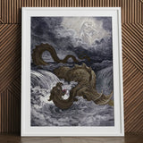 Destruction of Leviathan - Gustave Dore Art Print / Canvas Framed Artwork Mythical Creature Ocean Divine Figure Heavens Ignite, Jaws