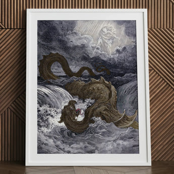 Destruction of Leviathan - Gustave Dore Art Print / Canvas Framed Artwork Mythical Creature Ocean Divine Figure Heavens Ignite, Jaws