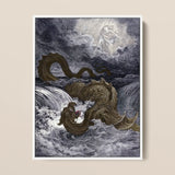 Destruction of Leviathan - Gustave Dore Art Print / Canvas Framed Black-and-white Illustration Massive Serpentine Sea Monster Textured