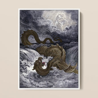Destruction of Leviathan - Gustave Dore Art Print / Canvas Framed Black-and-white Illustration Massive Serpentine Sea Monster Textured