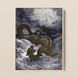 Destruction of Leviathan - Gustave Dore Art Print / Canvas Framed Black-and-white Illustration Massive Serpentine Sea Monster Textured