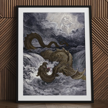 Destruction of Leviathan - Gustave Dore Art Print / Canvas Framed Print Mythical Sea Creature Divine Figure Heavens Ignite, Jaws Unhinged,