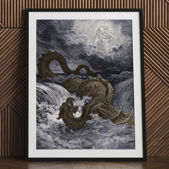 Destruction of Leviathan - Gustave Dore Art Print / Canvas Framed Mythical Sea Creature Divine Figure Heavens Ignite, Jaws Unhinged,