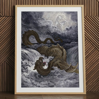 Destruction of Leviathan - Gustave Dore Art Print / Canvas Framed Religious Artwork Mythical Sea Monster Heavenly Figure Heavens Ignite,