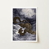 Destruction of Leviathan - Gustave Dore Art Print / Canvas Framed Black-and-white Illustration Serpentine Sea Monster Turbulent Waves
